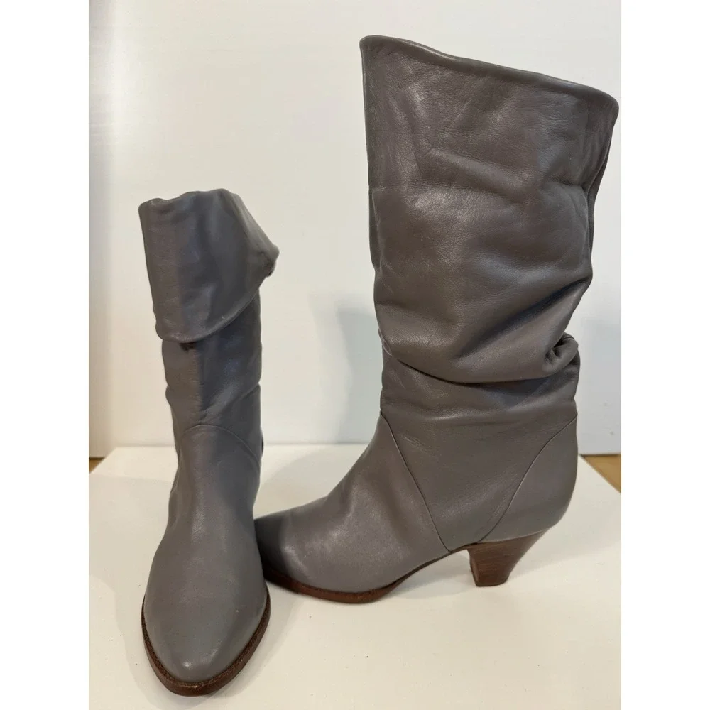 Vintage Gray Leather Slouch Fold Over Mid Calf Boots Pointed Toe Women's 7.5